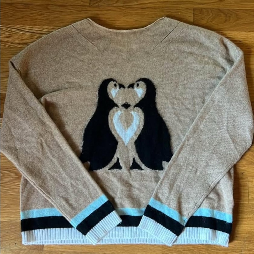 Anthropologie Maeve Cute Critter Penguin Heart Cashmere Sweater Penguins